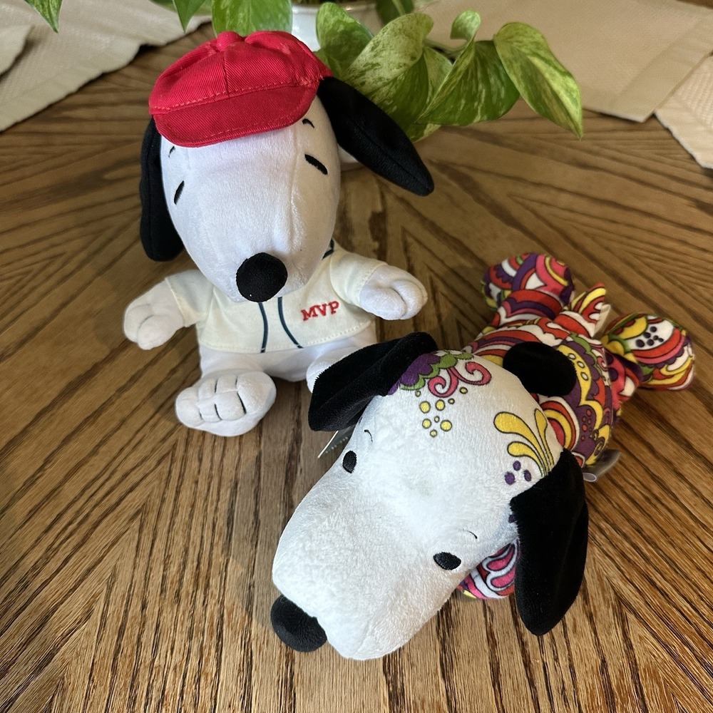 Hallmark Peanuts Floppy Snoopy Psychedelic w MVP Baseball 2 Snoopy Plush Dogs